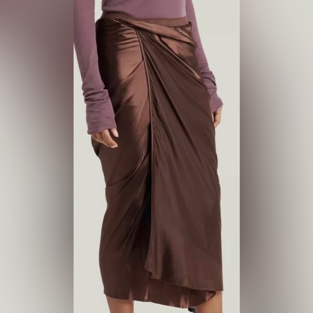 Rick Owens Women's Brown Raw Hem Drape
Wrap Midi Skirt
